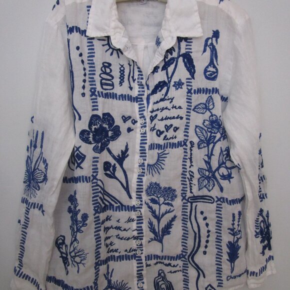 Embroidered Classic Shirt White Ramie Royal Blue - Picture 12 of 14